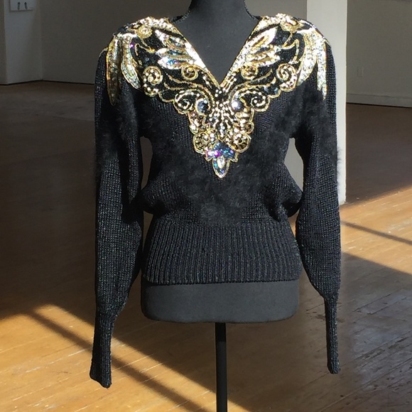 Vintage Sweaters - Beautiful Sequin and beaded black vintage sweater